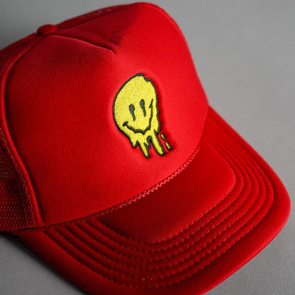 Melted Smiley Face Trucker Hat - Red