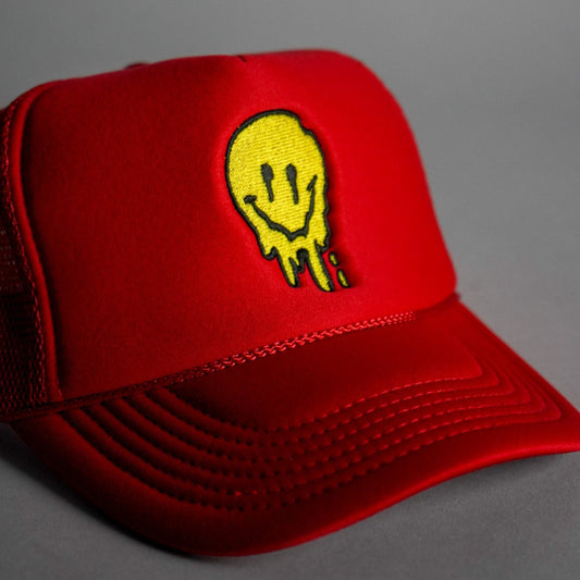 Melted Smiley Face Trucker Hat - Red