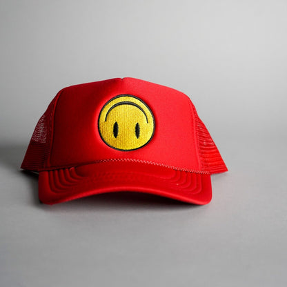 Upside Down Smiley Face Trucker Hat - Red