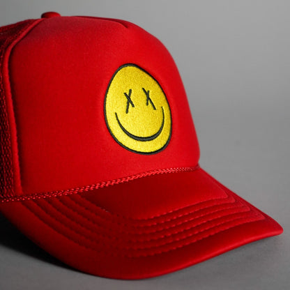 X Eyes Smiley Face Trucker Hat - Red