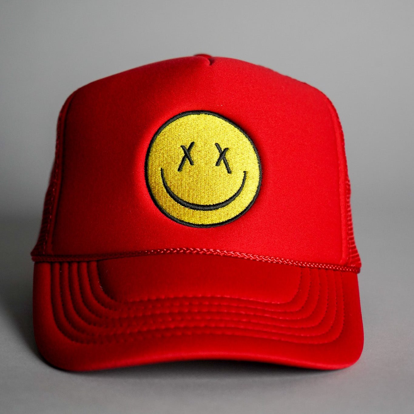 X Eyes Smiley Face Trucker Hat - Red