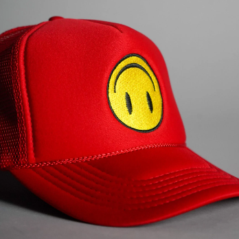 Upside Down Smiley Face Trucker Hat - Red