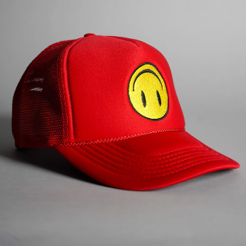 Upside Down Smiley Face Trucker Hat - Red