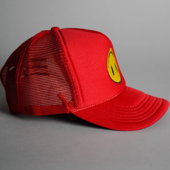 Upside Down Smiley Face Trucker Hat - Red