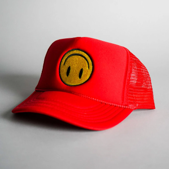 Upside Down Smiley Face Trucker Hat - Red